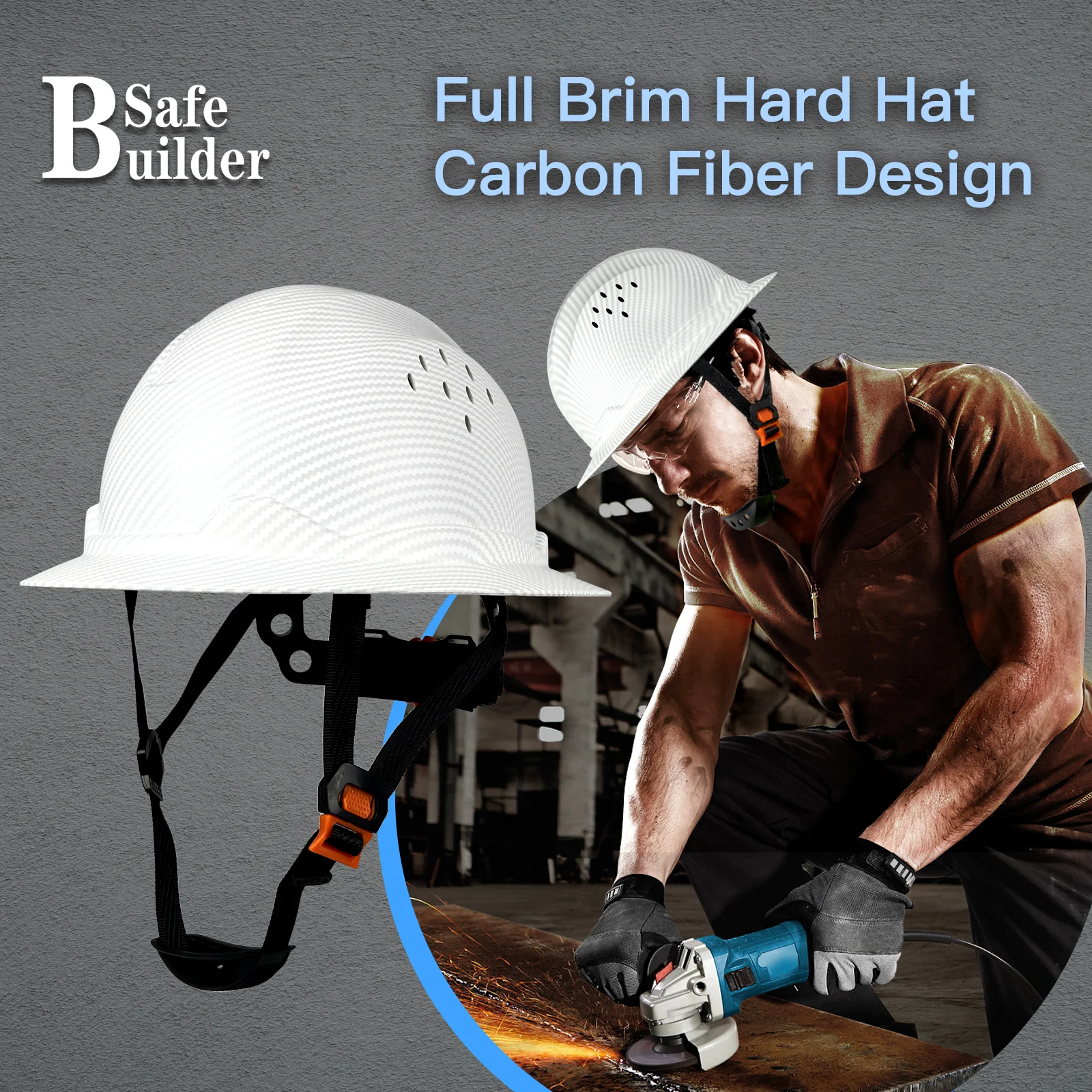 Full Brim fibra de carbono Hard Hat, ajustável e confortável capacete de segurança, durável Hardhat construção, catraca ANSI