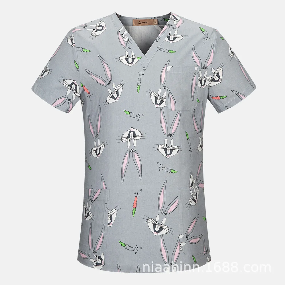 Cotton Print Scrubs Medical Uniforms Women Slim Fit Surgical Tops Doctors Dental Clinic Beauty Salon Pet Shop Workwear Lab Coat