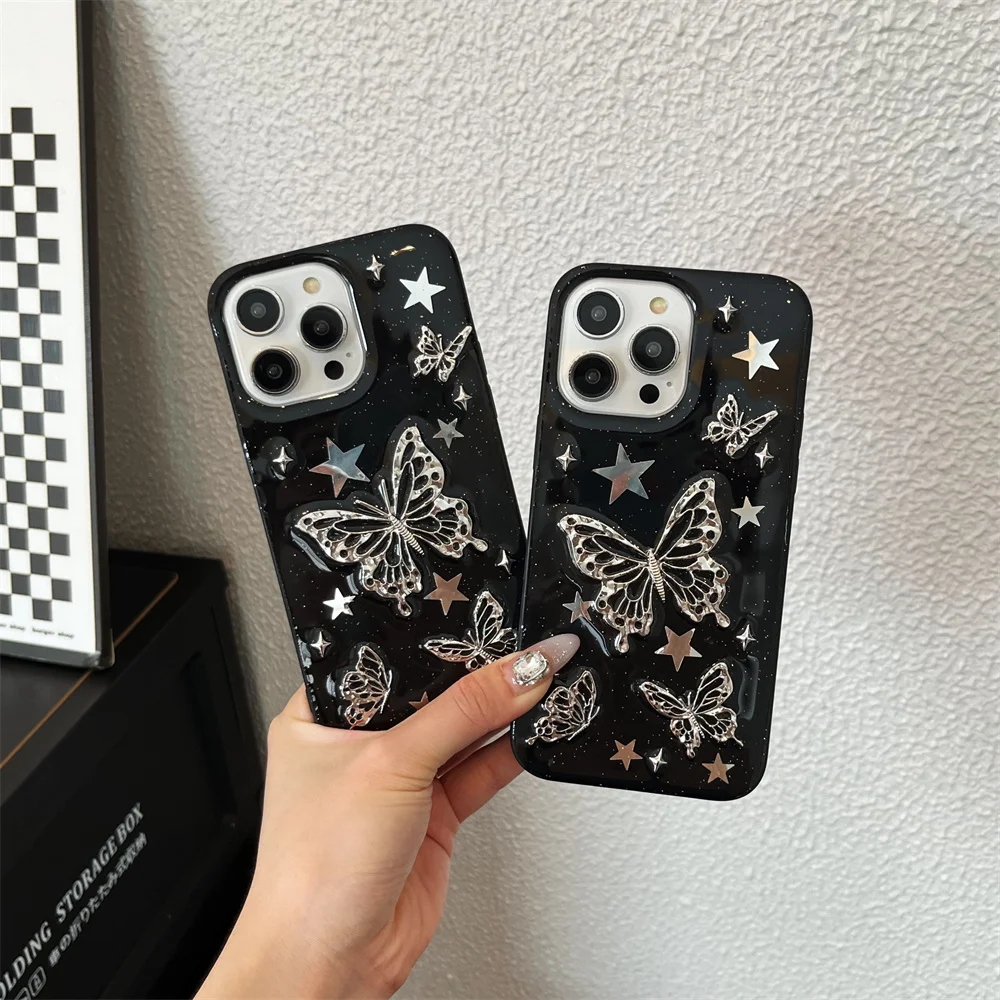 Japan Korean Cute Little 3D Metal Butterfly Phone Case For iPhone 15 14 13 12 11 Pro Max Plus XS X Epoxy Glitter Girl Soft Cover