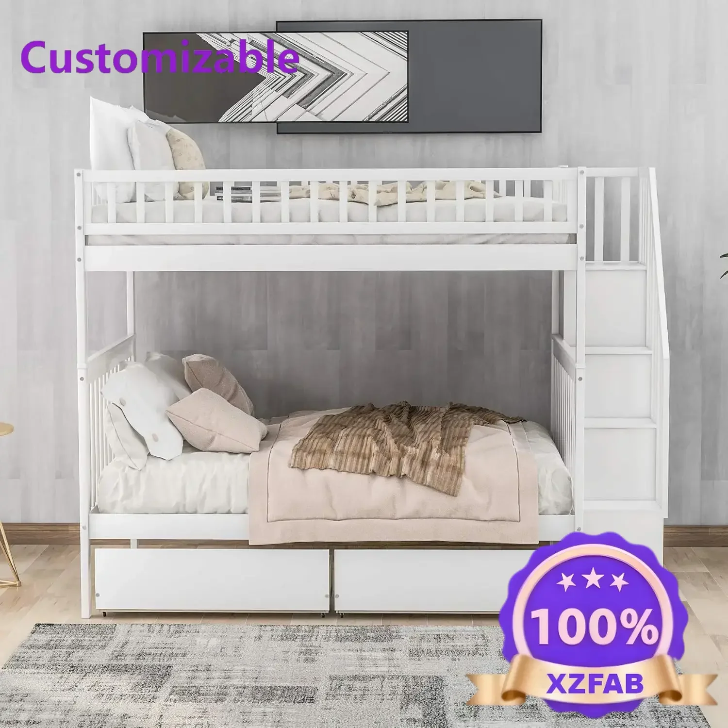 Factory Direct 2026 Nordic White Stairway Full Over Bunk Bed with Two Drawers and Storage Solid Wood Bedframe for Kids Teens