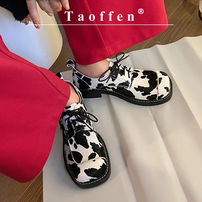 Taoffen New Casual Loafers For Women Genuine Leather Cow Color Round Toe Shoes Square Heel Commuting Thick Sole Lace-up Shoes