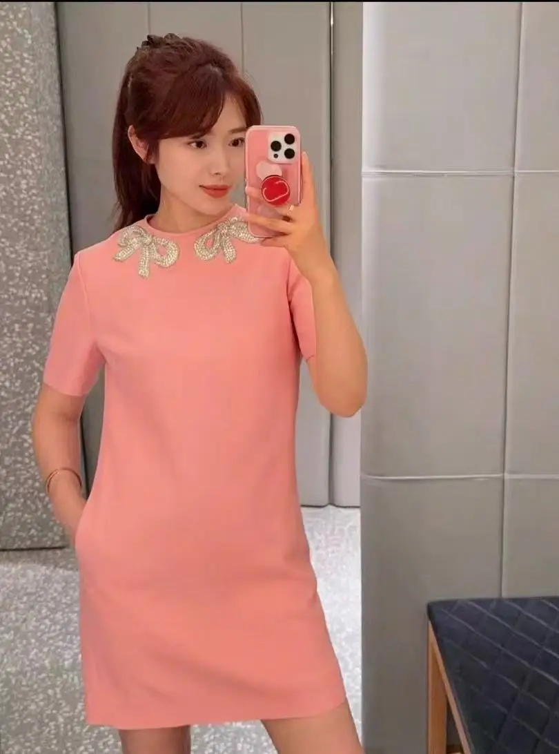 Pink Silk Wool Straight Dress Hand Beaded Bow Embellished Short Sleeve Luxury Dress For Banquet Wedding Guest Evening Party