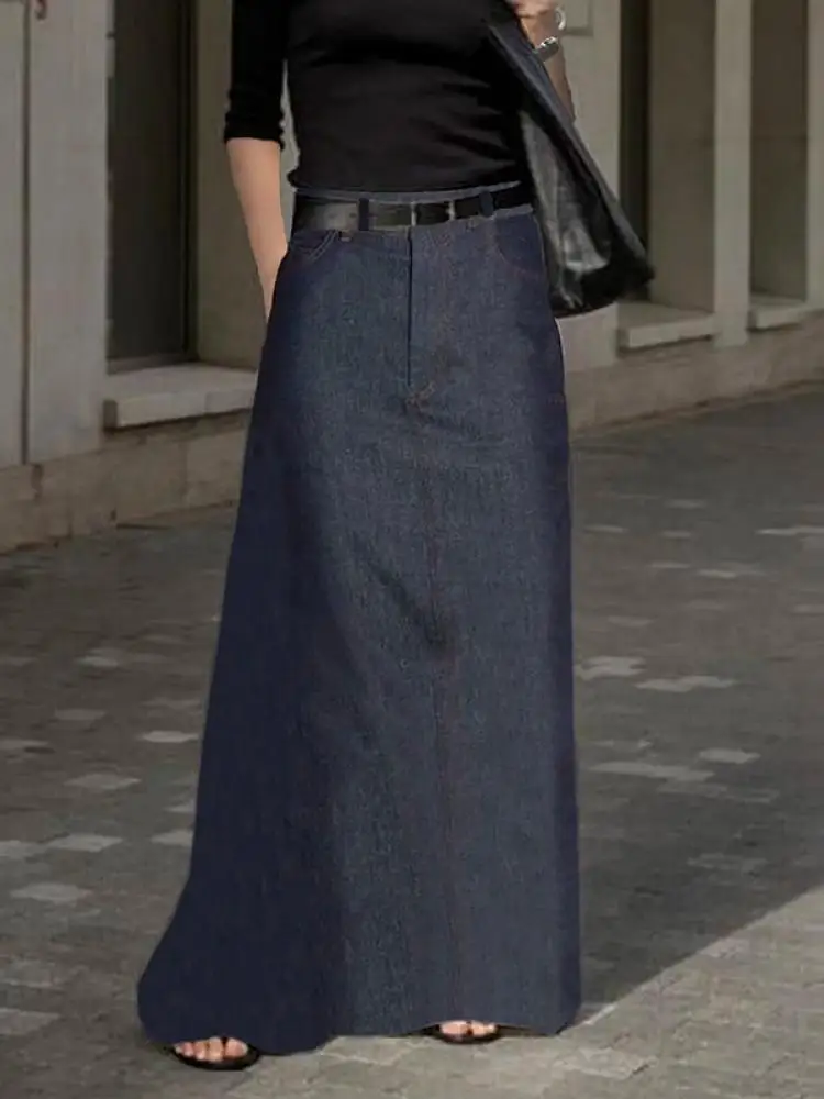 Onecozyday Women's Navy Blue Imitation Denim Skirt 2024 New Female High Waist H-line Floor Length Skirts Casual Bottoms