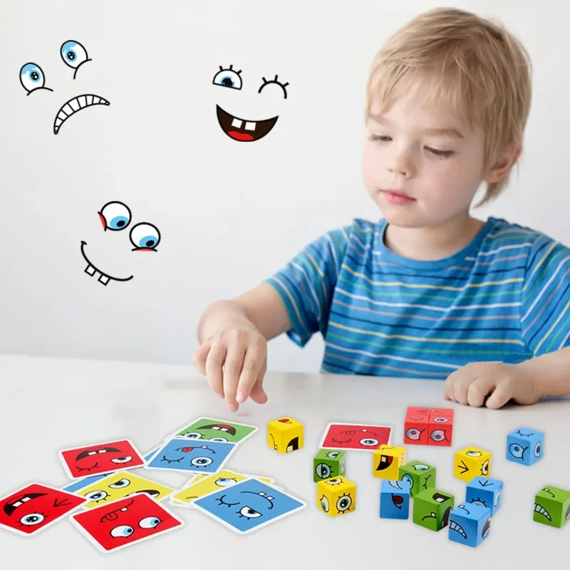 Bloques de construcción de cambio de cara de cubo, juego de mesa, rompecabezas de madera, Expresión Montessori, bloques de madera para niños, juguetes para regalo