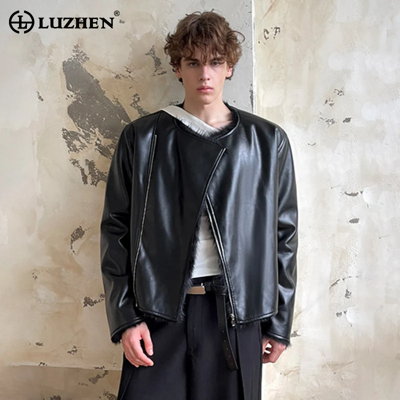 

LUZHEN 2025 New Personalized Faux Fur Patchwork Design Asymmetric Zipper Leather Jacket Men Winter Fashion Handsome Coat JY3341