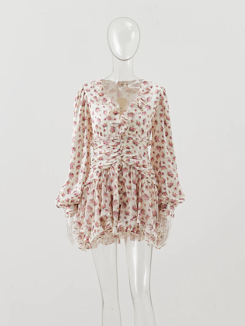 2025 Spring And Autumn Women's Floral Print Dress Ruffled Waist V-Neck Long Sleeve Dresses French Holiday Party Mini Dress