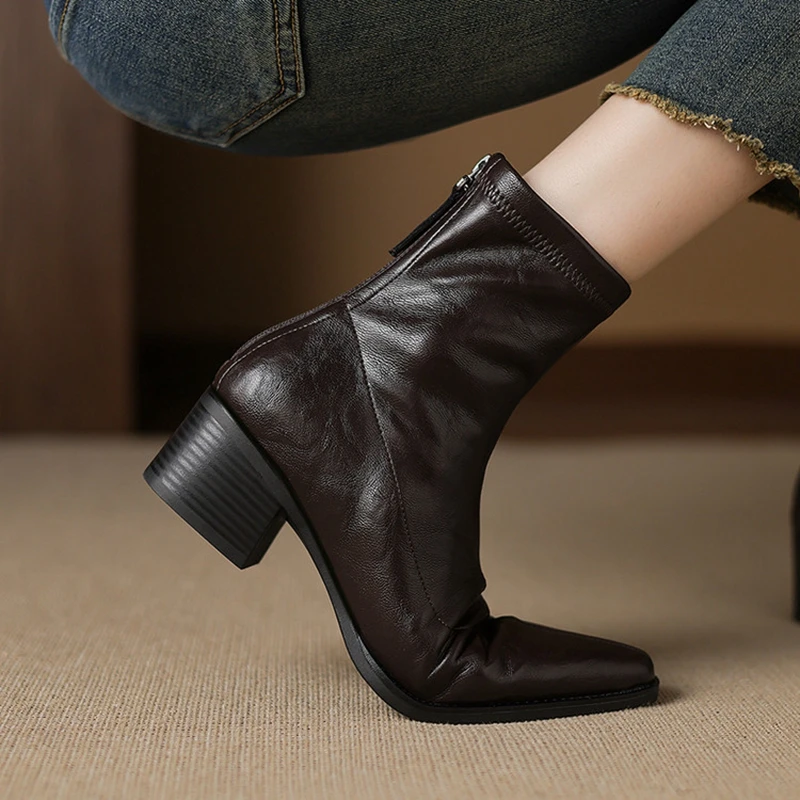

Women's new autumn and winter square toe and calf high heel zipper elastic leather retro short boots elastic boots slim boots
