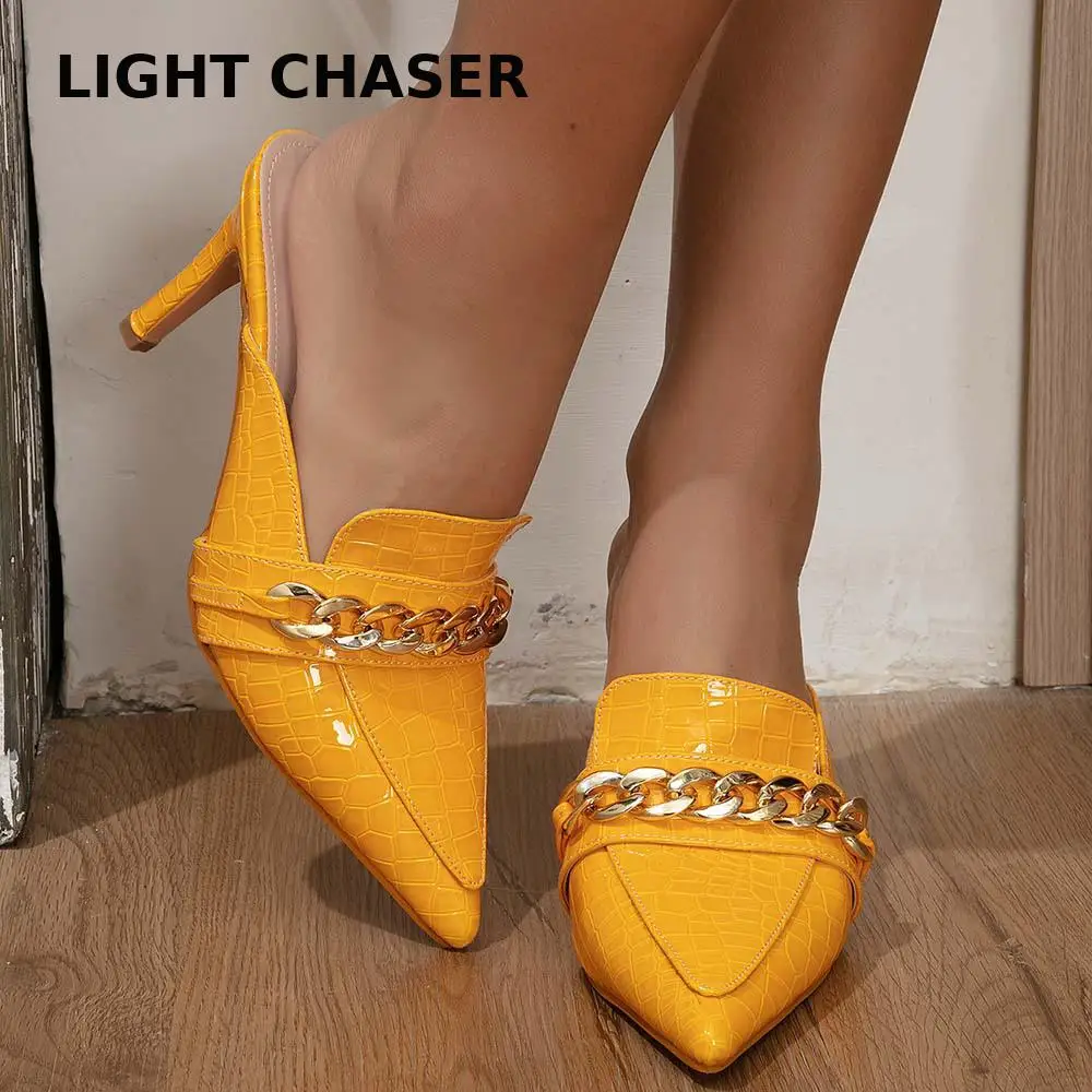 2022 Spring New Sexy Women's Single Shoes Pointed Metal Chain Female High-heeled Shoes Snake Pattern Baotou High-heeled Slippers