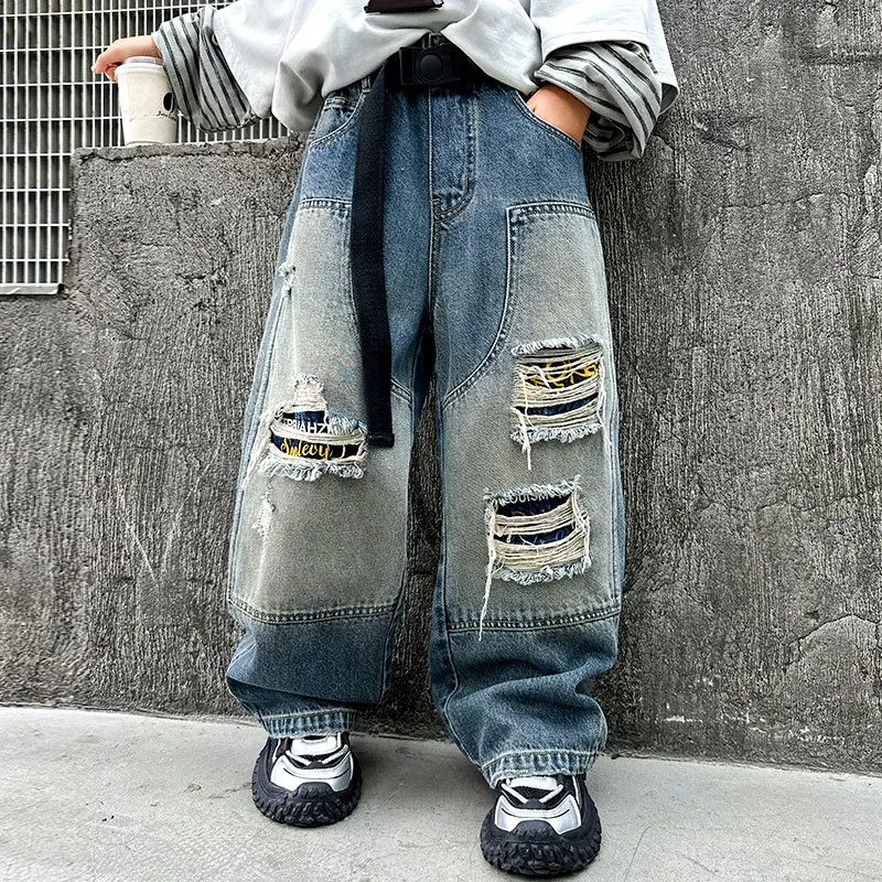 Boys Street Style Ripped Baggy Jeans With Holes Kids Fashion Broken Denim Pants Children's Trousers with Patchwork Design