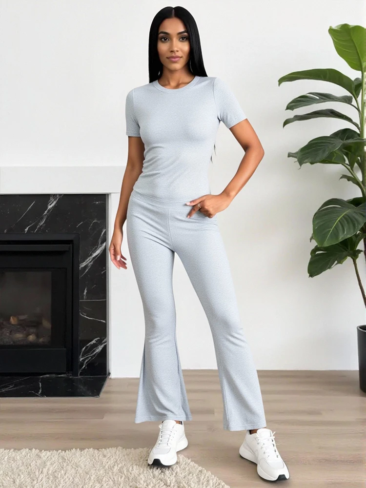 

Женский повседневный однотонный комплект для отдыха: топ-туника с коротким рукавом и круглым вырезом, облегающий, и плиссированные брюки. Комплект для дома и сна.