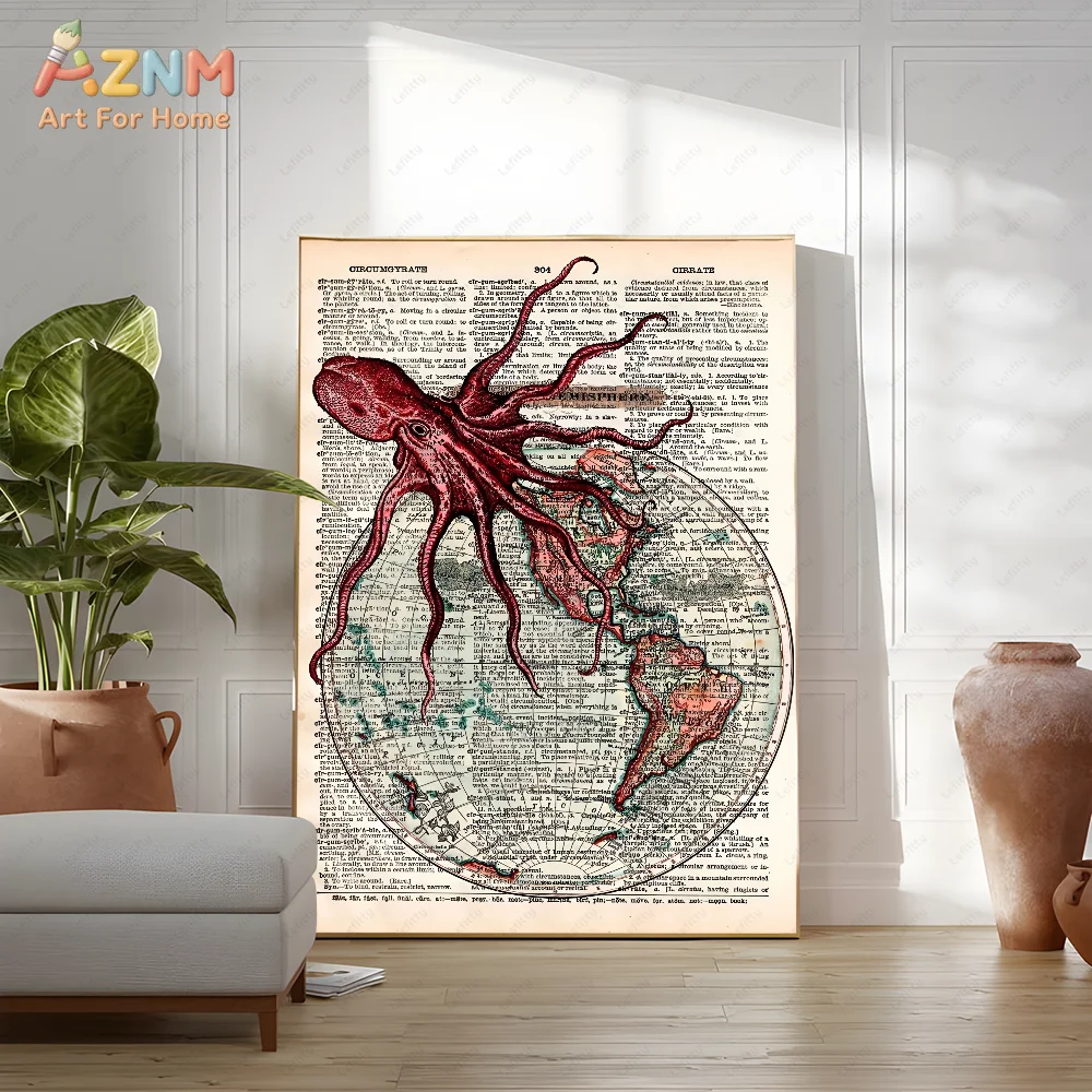 AZNM Vintage Dictionary Animal Insect Canvas Poster Frameless Wall Art Octopus Cat Rabbit Dragonfly Ladybug Retro Newspaper Prin