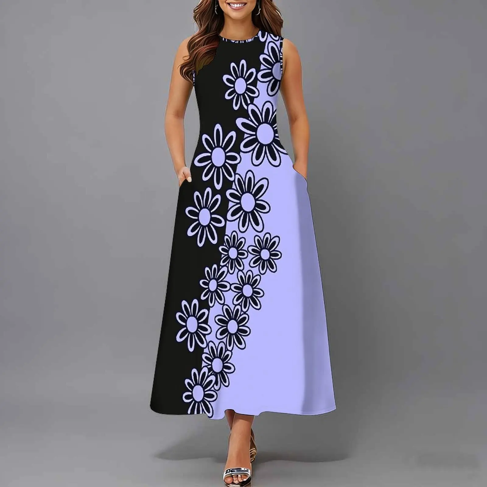 Women Sleeveless Long Maxi Dress With Pockets 3D Oil Painting Print Casual Loose Summer Vacation Party Sundress