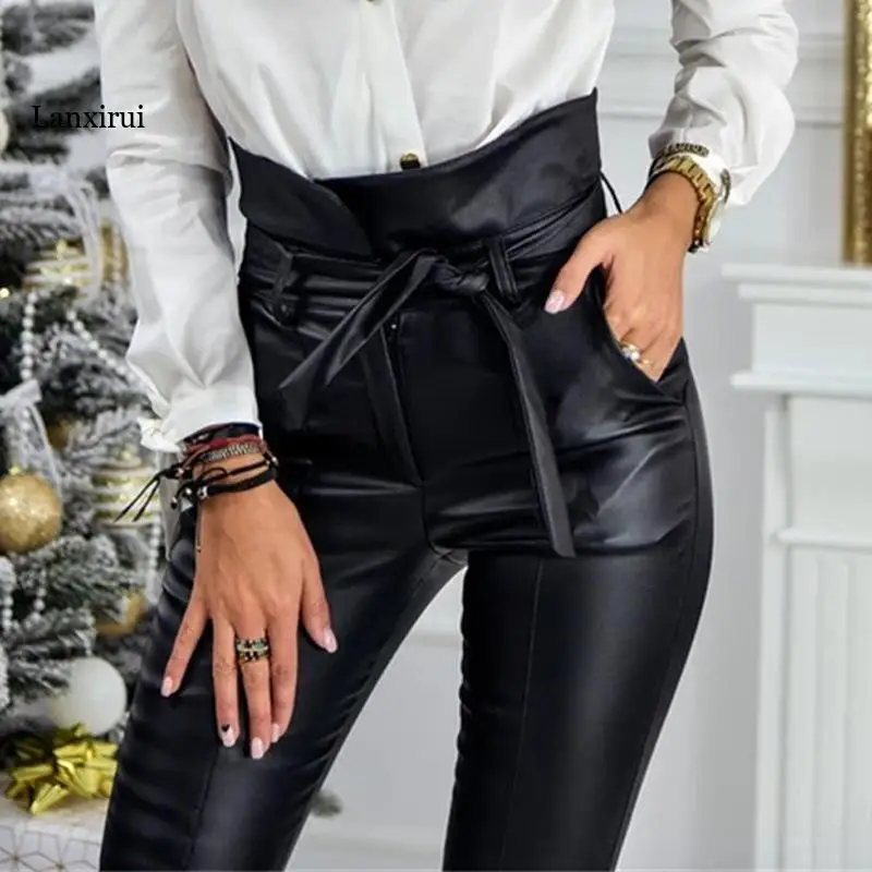 

Women's Pants Zipper Women's Fashion Casual PU Leather Pants (including Belt) High Waist Streetwear Aesthetic Trousers Women