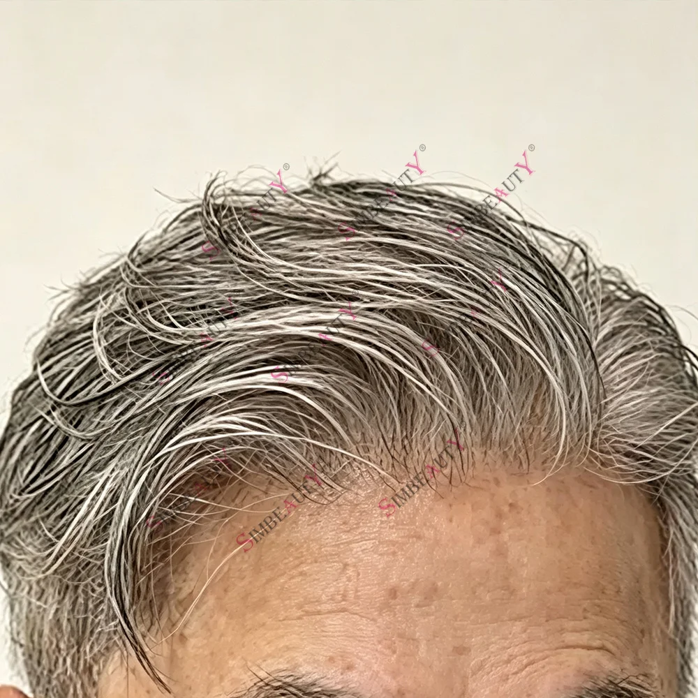 80% Density Super Thin 0.02mm Skin Base Men Toupee Undetectable Natural Hairline Remy Vloop Hairpieces Brown Grey Human Hair Wig