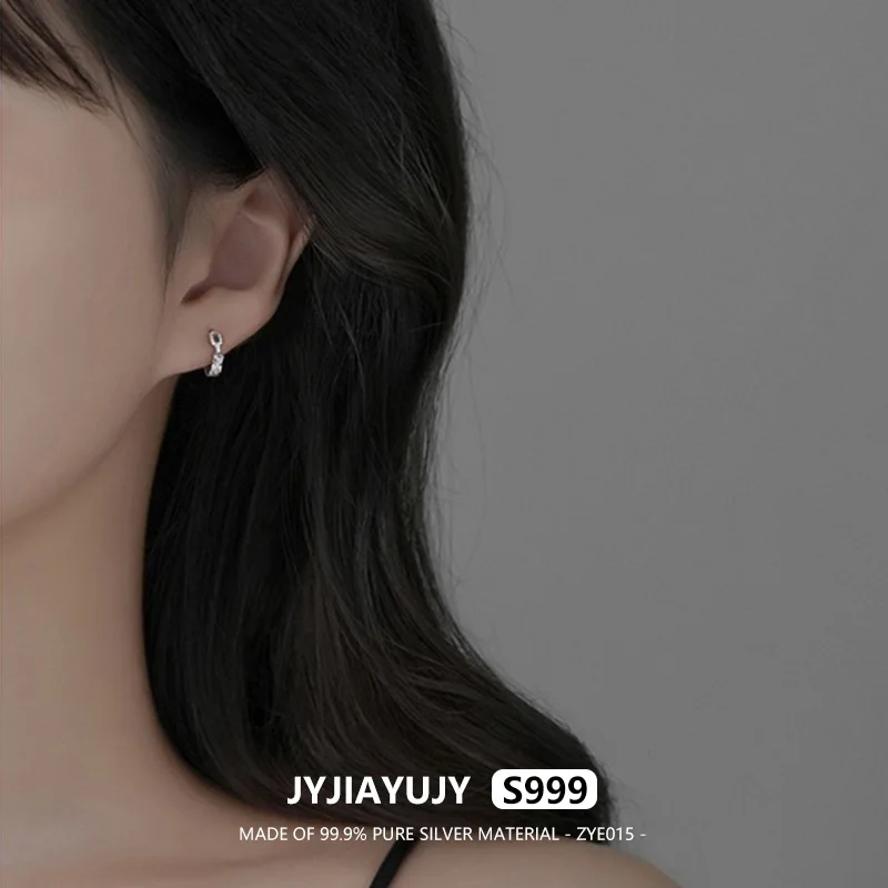 JYJIAYUJY 100% Pure Silver S999 Hoop Earrings With White Zircon 11.5MM Size High Quality Fashion Jewelry Gift Daily Use ZYE015