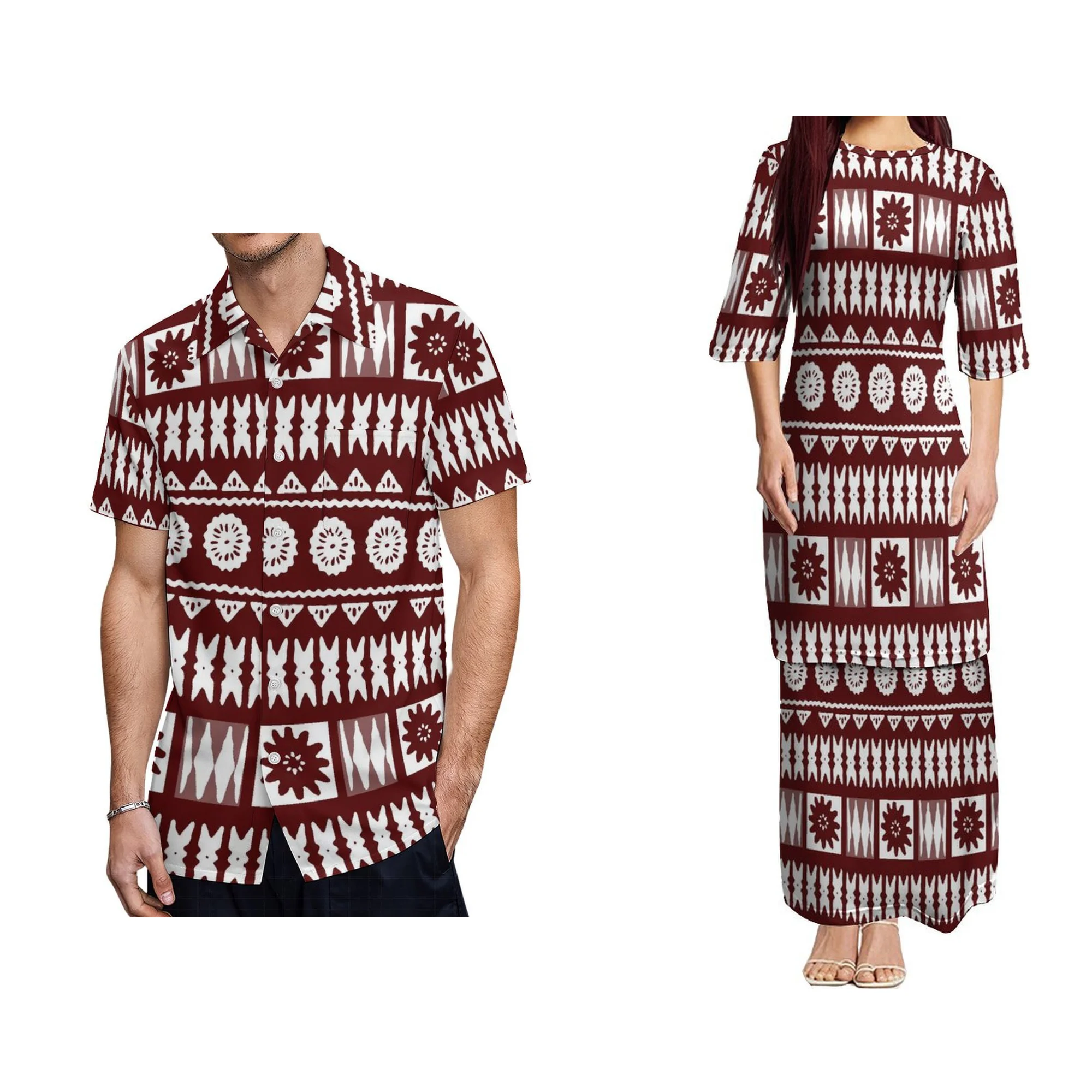 

Custom Women Couples Dress Half-sleeve Sleeves Fashion Round neck Puletasi Polynesian Samoan Traditional Clothing Uniform