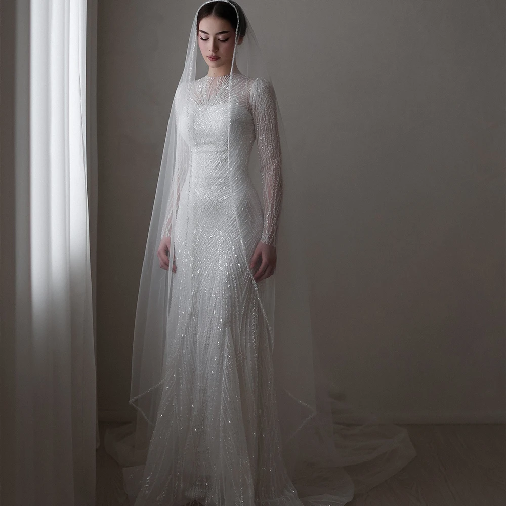Luxury Wedding Dresses High Neck Long Sleeve Mermaid Bride Dress Detachable Train Civil Bridal Gown Customized robe de mariée