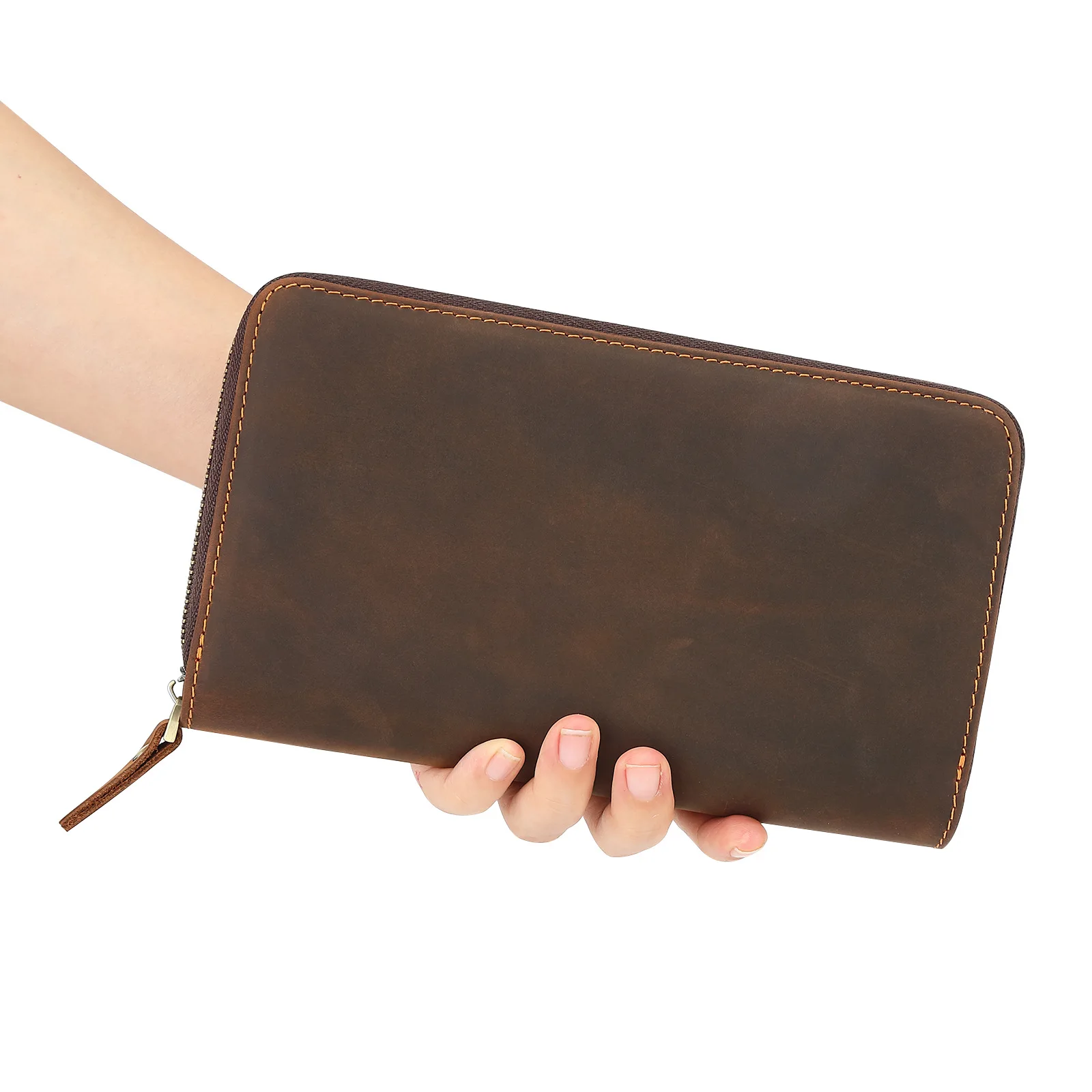 Top Grade Men‘s Clutch Purse Genuine Leather Day Wallet For Male Vintage Style Hand Purse Crazy Horse Leather Mens Phone Pouch