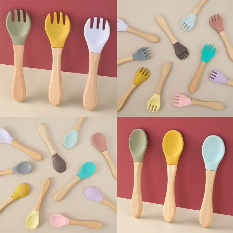 2 PCS Food Grade Silicone Cutlery Baby Feeding Training Spoon Fork Set with Wooden Handle Organic BPA Free Food Grade