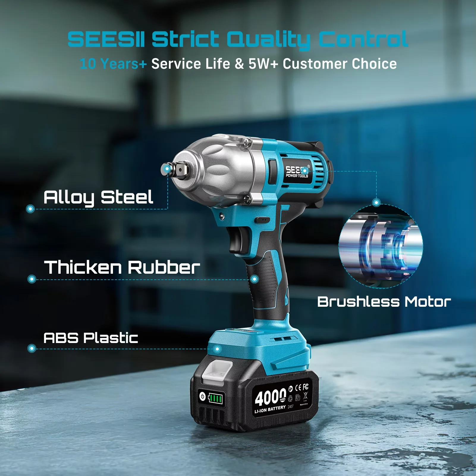 Seesii Real 1200N.m Electric Impact Wrench Brushless 1/2" High Torque Handheld Cordless Impact Gun Tool Kit LED Light 6 Socket view 8