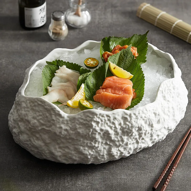 Solid Color Rock Patterned Ceramic Plate, Soup Bowl, Tableware, Hotel Restaurant Large Seafood Sashimi Platter, Dry Ice Plate