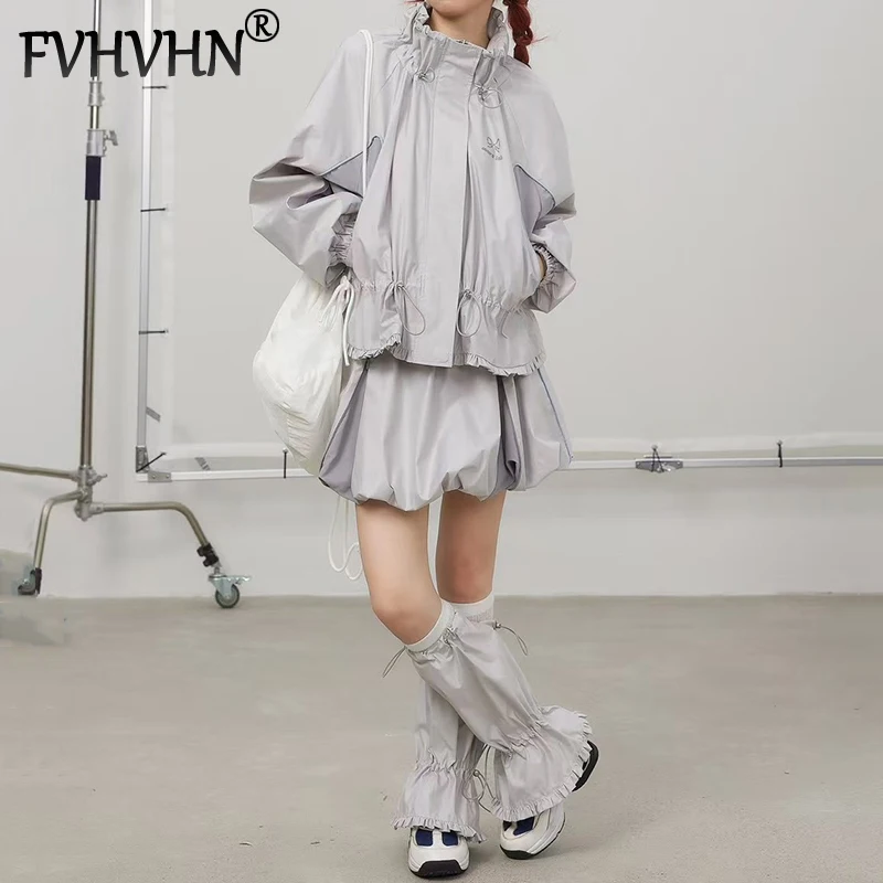 

FVHVHN Fashion Silver Grey Sports Style Standing Collar Short Jacket For Women Elastic Waist Mini Skirts Female Trendy 1A156
