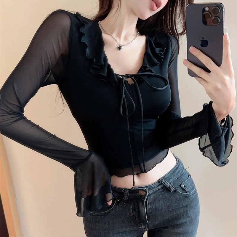 Black Mesh Patchwork T Shirt Women Summer Sexy V Neck Slim Crop Top Streetwear Ruffles Thin Long Sleeve T Shirt Female