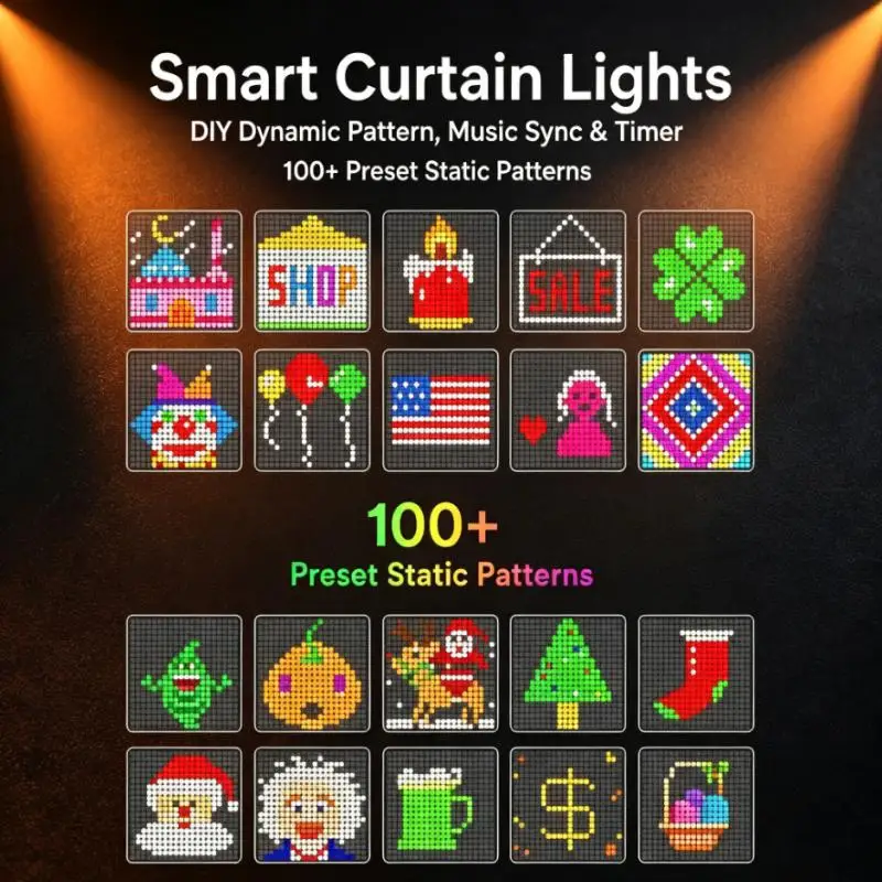 Home Party Curtain Lights, Smart RGB LED String Lights with App Control Music Sync DIY Patterns Timer Remote for Christmas