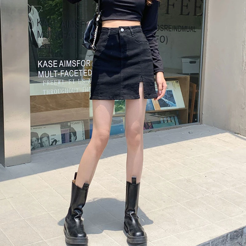 Package hip a word short denim bustier bullet force ins tide anti-glare design sense open high waist black pants skirt female