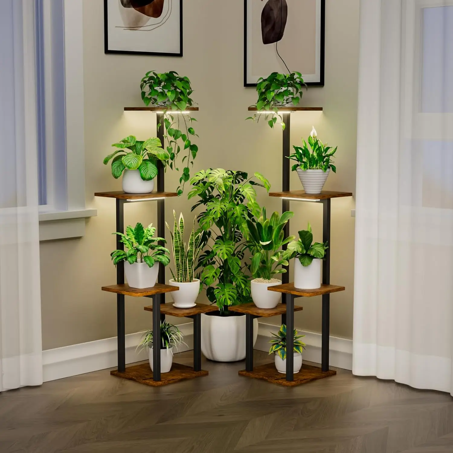 Plant Stand Indoor Met Kweeklamp-2 Pack Metalen Plant Plank Voor Kamerplanten Meerdere, 5 Gelaagde Hoekplant Standplanken