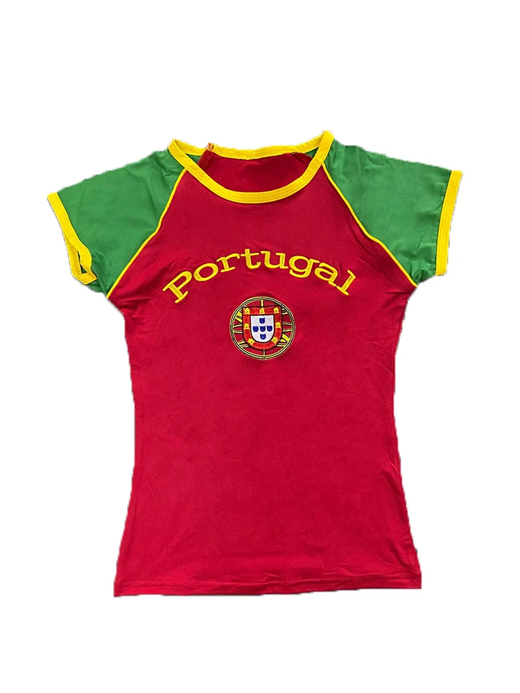 

European and American Y2K high street retro embroidered letter contrasting short sleeved T-shirt, tight and sexy football top