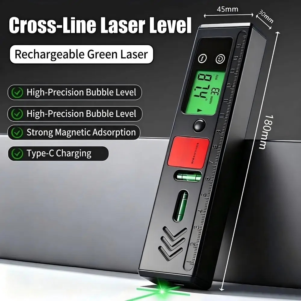 DC5V Digital Cross‑Line Laser Level with Bubble Level 4×90° Measuring Range Type‑C Rechargeable for Wall Tiling Woodworking