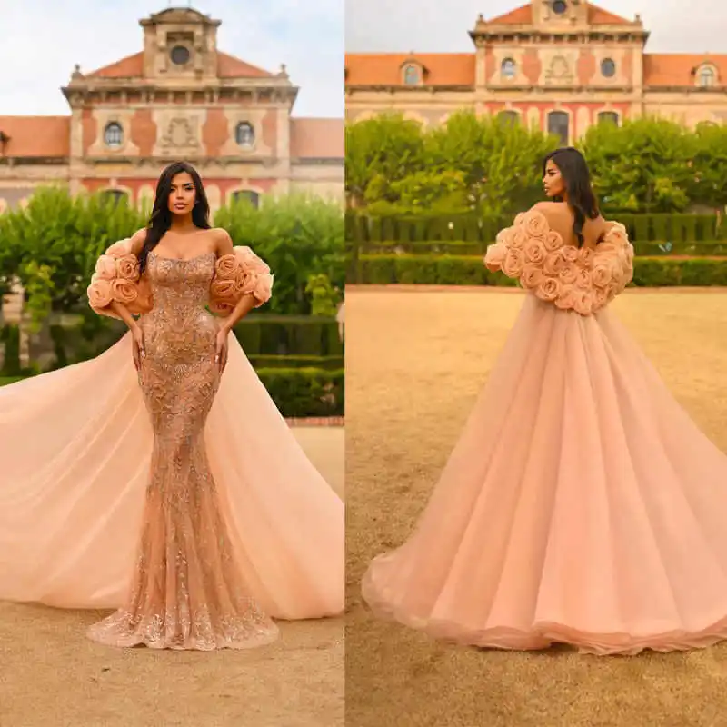 

Elegant Strapless Mermaid Evening Dresses Fashion Beaded Crystal Lace Prom Dress Detachable Cape Ruffle Party Gown Customized