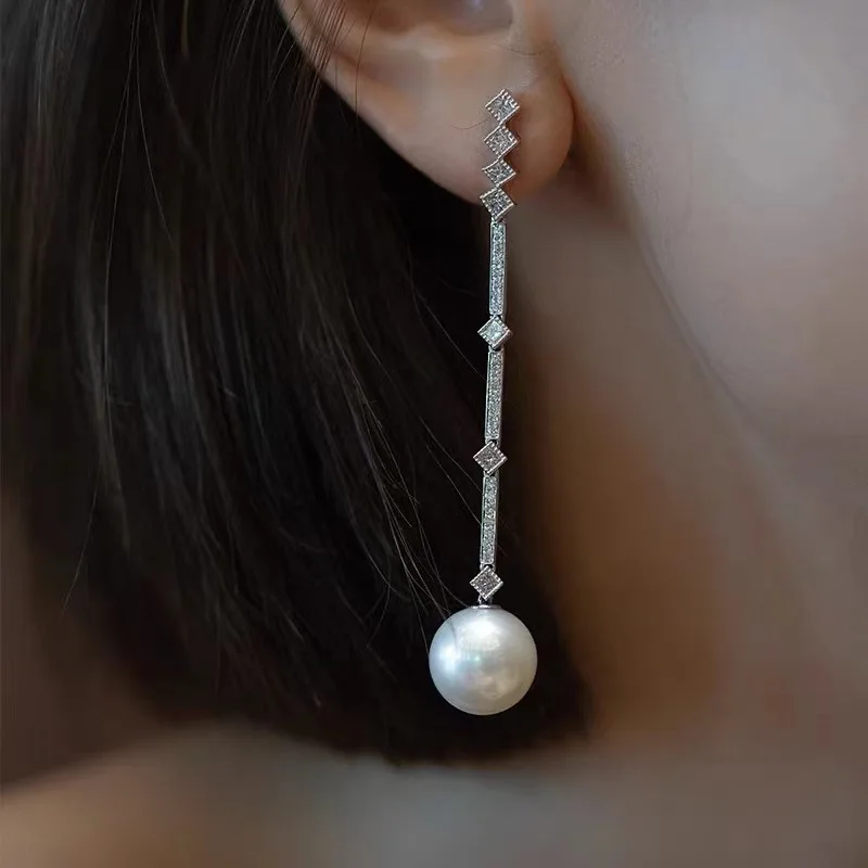 

Fashion diamonds inlay pearl tassel earrings for women simple and elegant style light luxury long earring line wedding jewelry