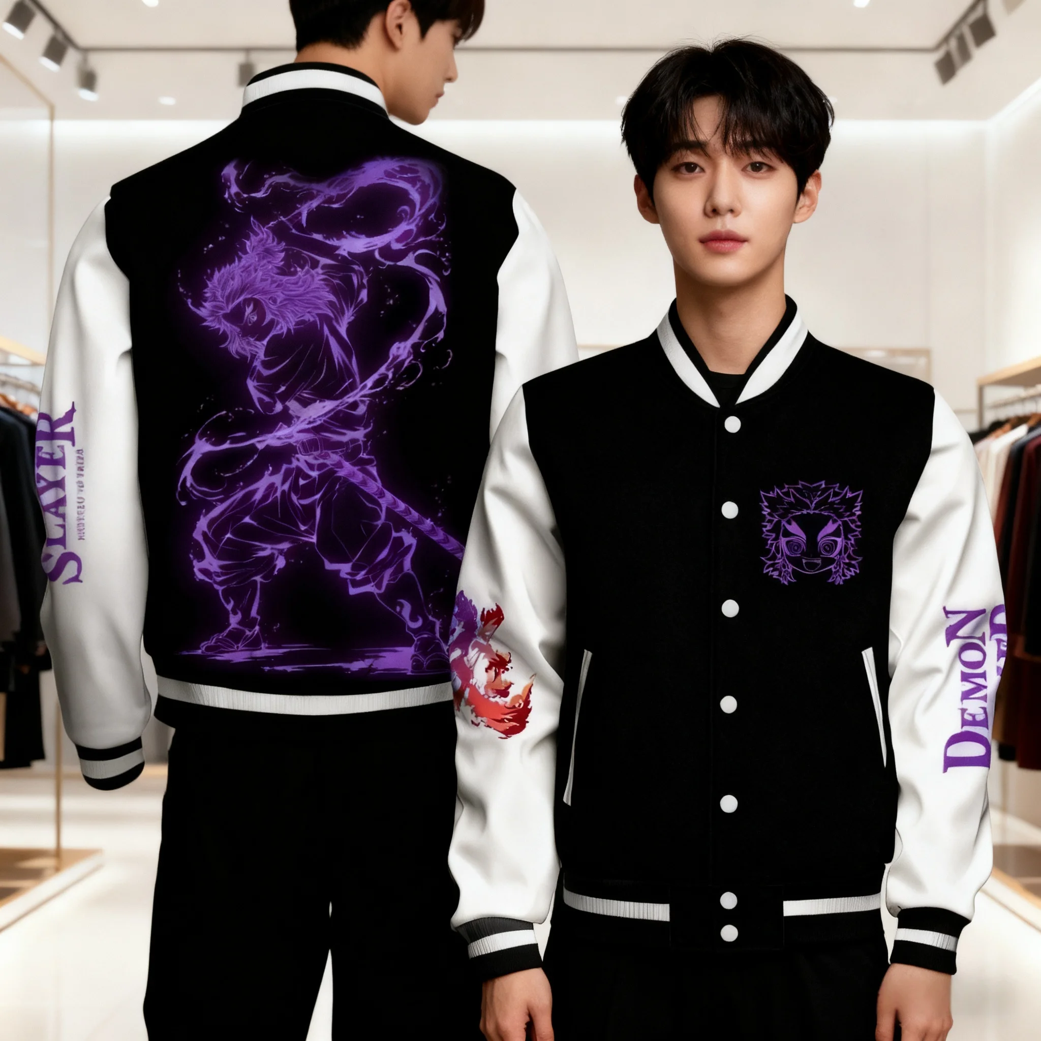

Demon Slayer Unisex Baseball Jacket Black White Purple Character Chest Print Back Dynamic Sword Fighting Pattern Purple Flame