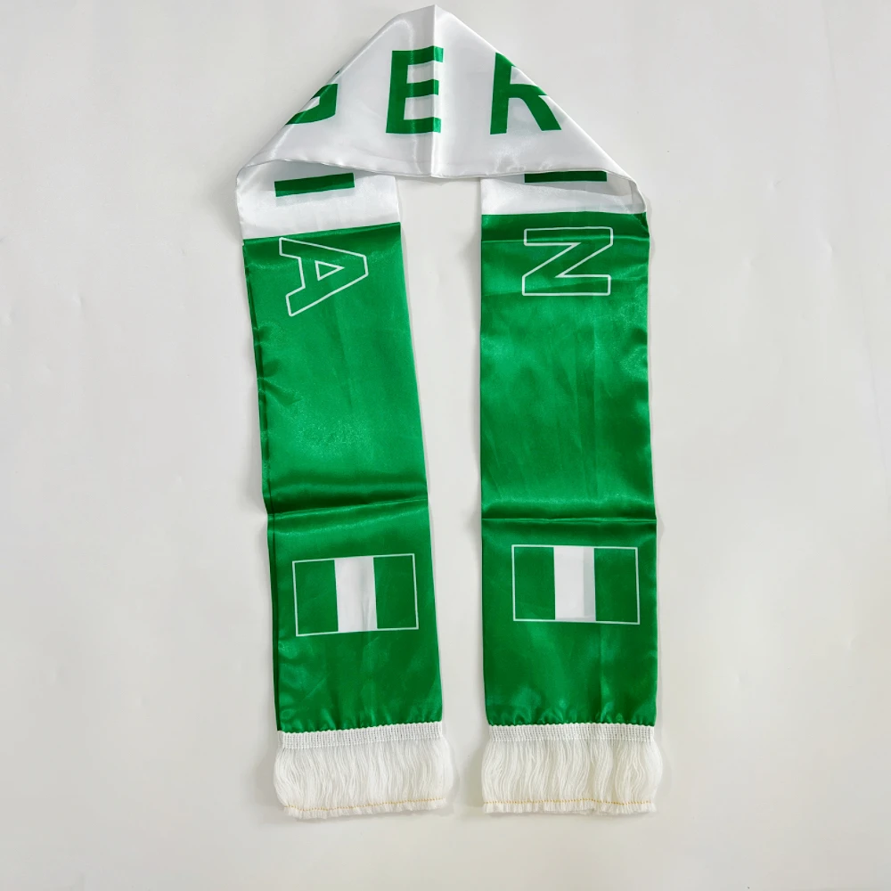 Nigeria Scarf 14x135cm Double-sided printed Satin Nigeria Flag Scarf Tassels Suitable for 2026 Football cup, Sports, Events