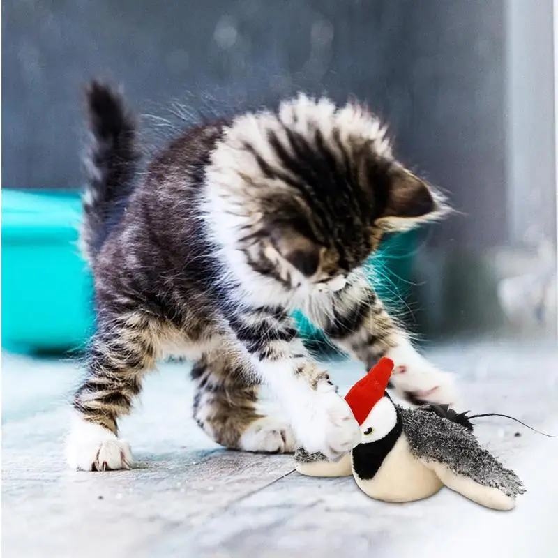 Cat Toy Stuffed Animal Flap Activated Kitten Toy Bird Cat Toys Plush Woodpecker with Sound Rechargeable Pet Exercise Toys