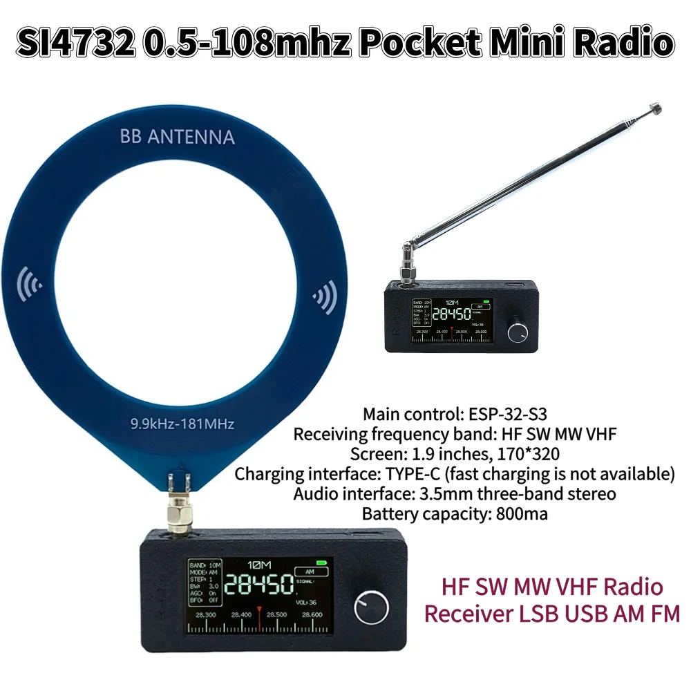 SI4732 0.5-108mhz Portable Radio LSB USB AM FM Pocket Mini Radio 1.9inch IPS Screen All Band Radio Receiver HF SW MW VHF Radio