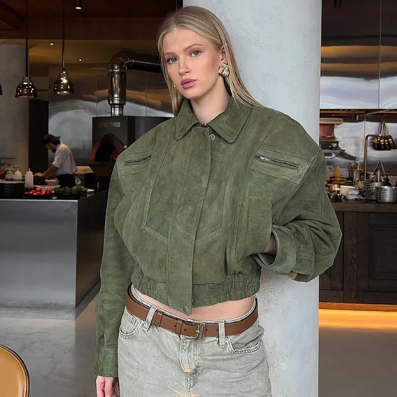 Vintage Suede Jacket For Women Long Sleeve Pocket Turn-down Collar Zipper Short Coat 2025 Autumn Winter Streetwear Lady Outwears