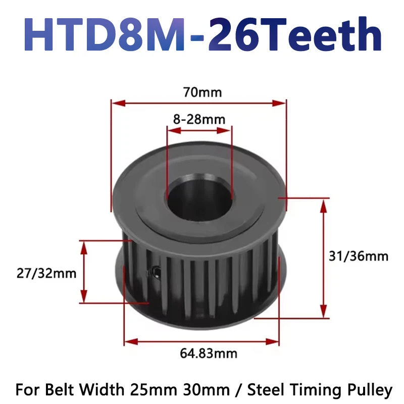 

1pcs 26 Teeth HTD 8M Steel Timing Pulley HTD8M Synchronous Wheel for Belt Width 25/30mm Bore 8/10/12/12.7-28mm Drive Pulley