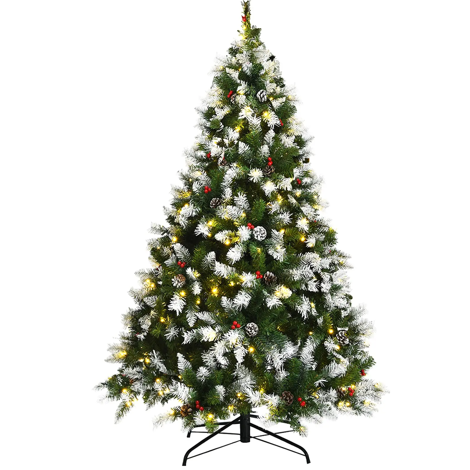 6ft Pre-lit Artificial Christmas Tree, Hinged Snow Flocked Xmas Tree w/Pine Cones, Red Berries & 250 LED Lights, 8