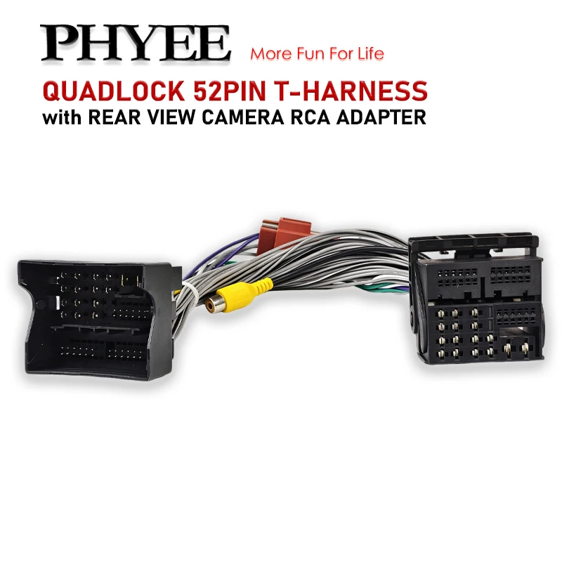 PHYEE MQB Quadlock 52 Pin Extension T-Harness Cable with Rear View Camera RCA Video Input Adapter for VW Golf 7 Passat B8 Polo 6