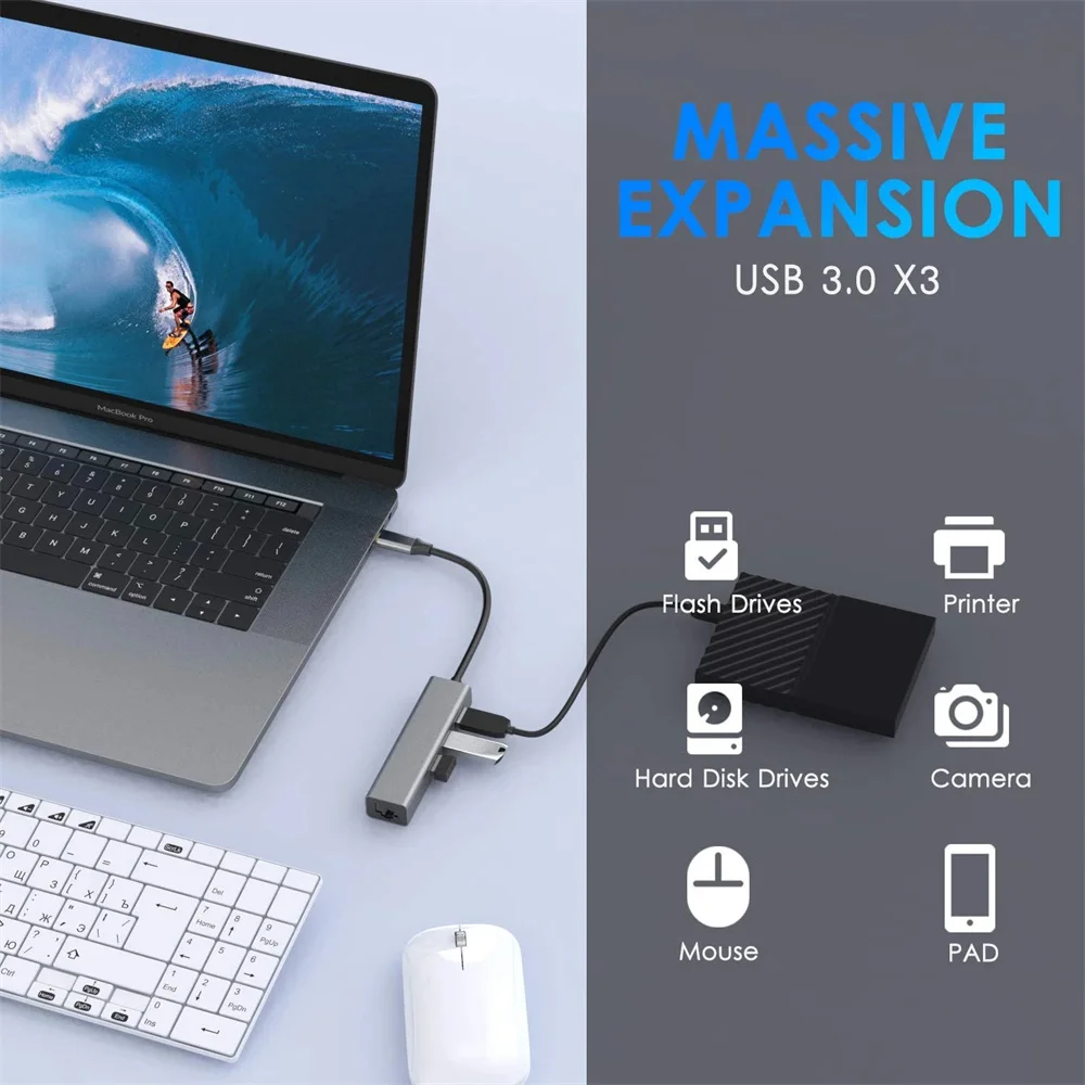 4 in1 USB C HUB 100Mbps 3 Ports USB 3.0 Type-C HUB USB To Rj45 Gigabit Ethernet Adapter for MacBook Laptop Computer Accessories