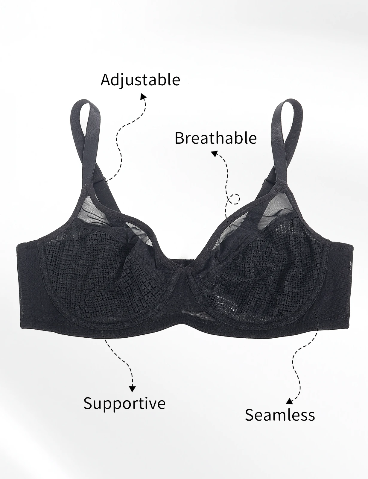 New Women Bras Unlined Sexy Underwire Lace Bra Hollow Out Mesh See Through Seamless Bra