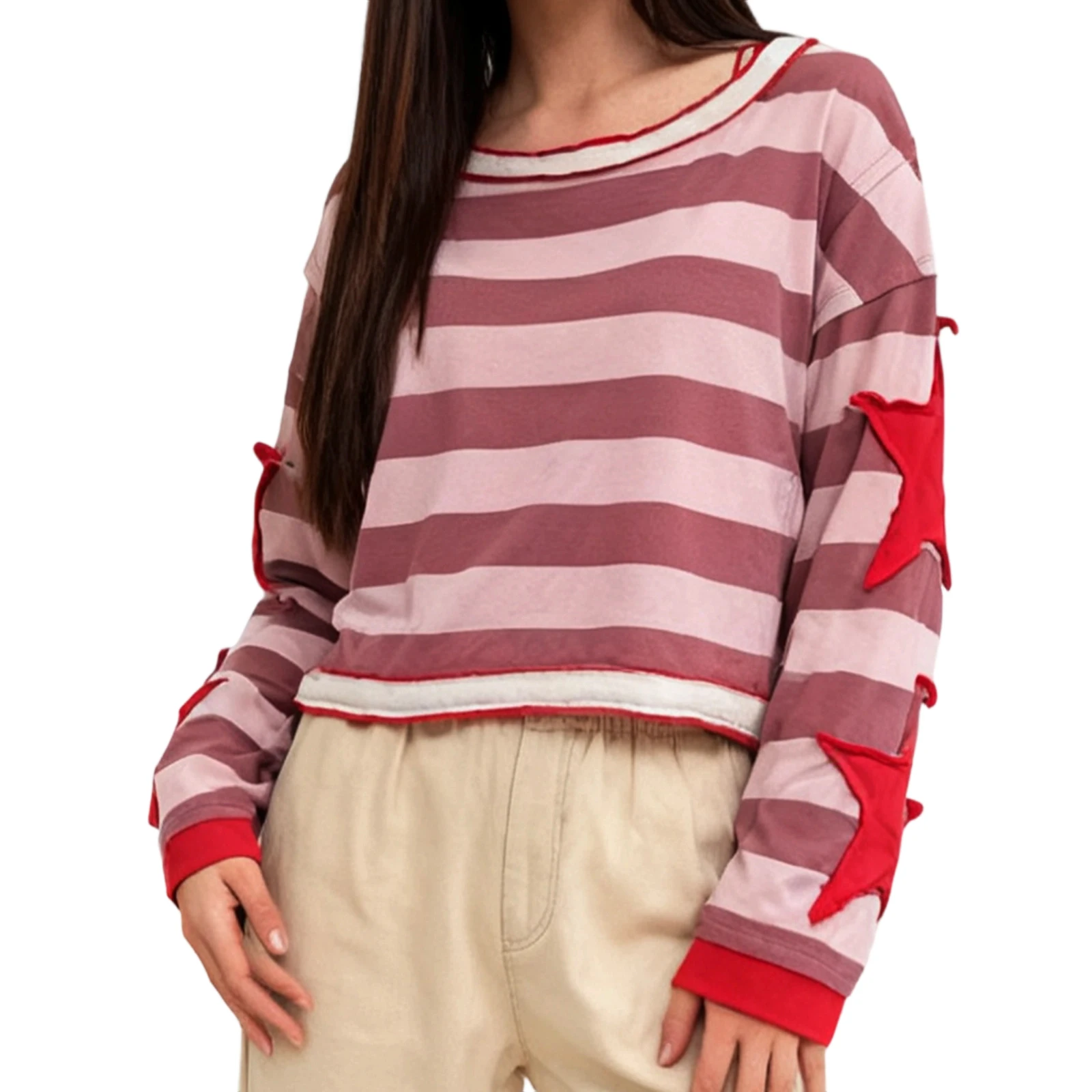 

Women s Striped Loose Fit Tops Fashionable Star Patch Embroidery Long Sleeve Fall Shirts