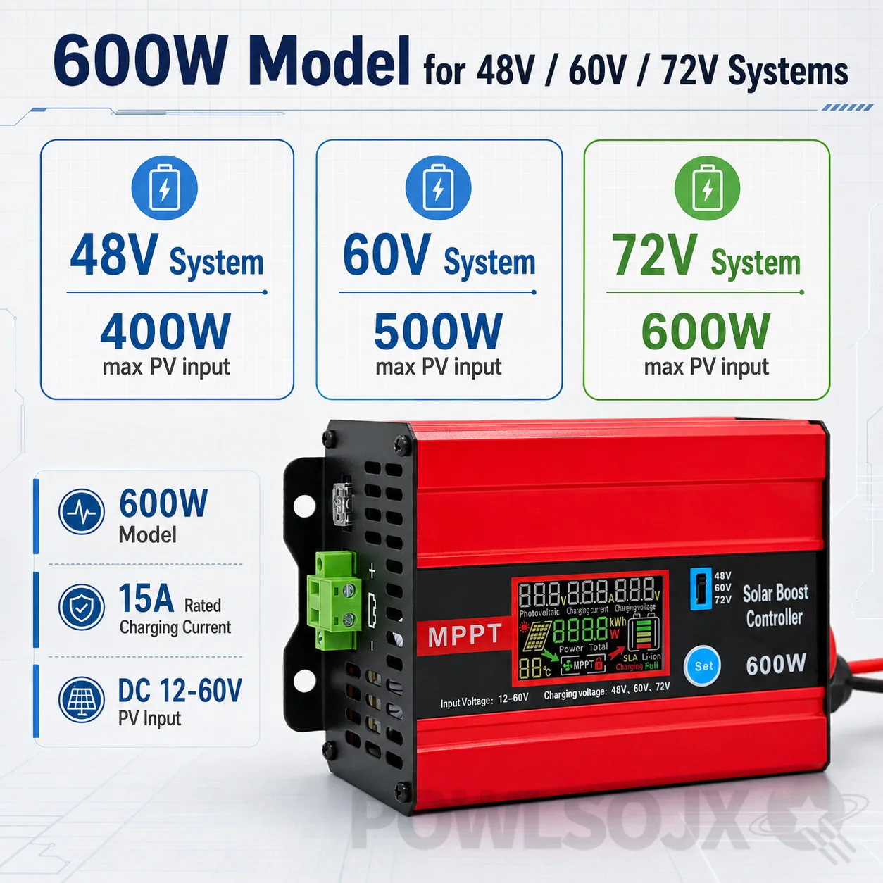 POWLSOJX 1200W/600W MPPT Solar Boost 48/60V/72V Controller Lead-Acid Lithium Battery Activation Charger for Solar Panel Systems