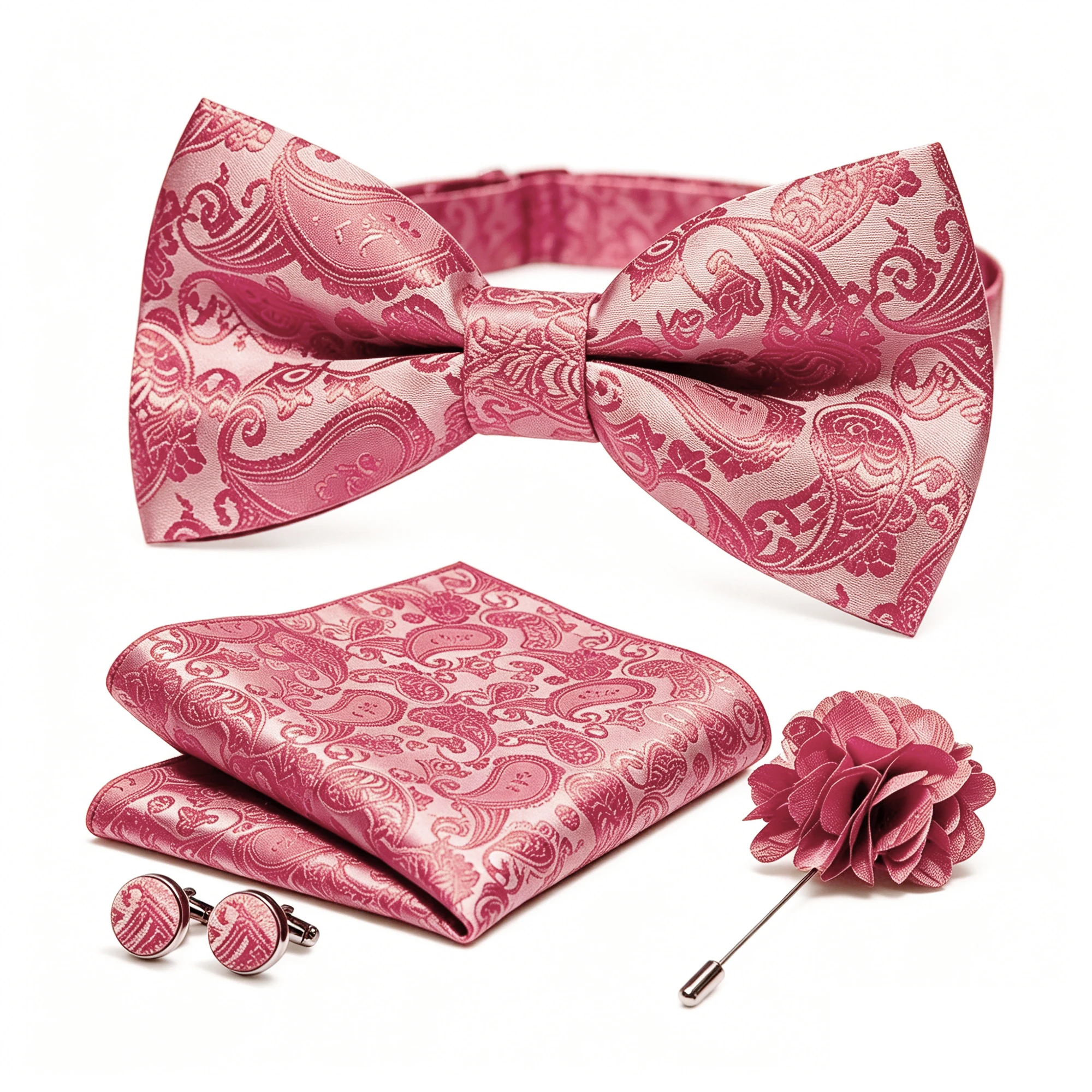 36-teiliges Set: Schwarze Seiden-Jacquard-Paisley Herrenfliege, Brosche, Einstecktuch und Manschettenknöpfe – Vorgebundene Schmetterlingsfliege für Herren, Hochzeit und Business – Detail 15