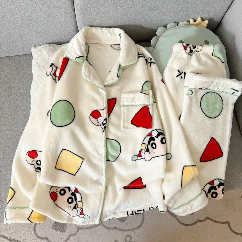 Cartoon Crayon Shin Chan Pajamas Women's Autumn and Winter Coral Velvet Thickened Couple Home Clothes Set Soft and Comfortable
