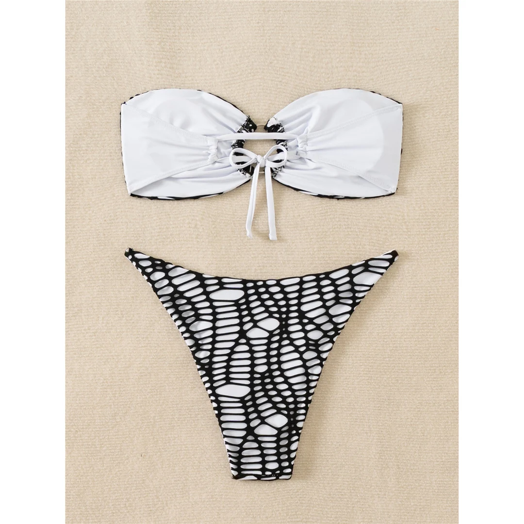 Bandeau-Bikini mit Ausschnitten und hohem Beinausschnitt, Damen-Badeanzug, zweiteiliges Bikini-Set, gepolsterter Badeanzug, Badebekleidung, Modell V6417. – Detail 10
