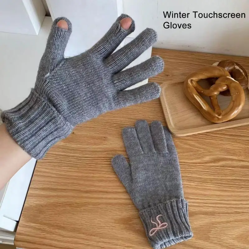 Stylish Knitted Thermal Gloves Thick Gloves Stylish Bowknot Thermal Theme Gloves Winter Warm Full Finger Gloves